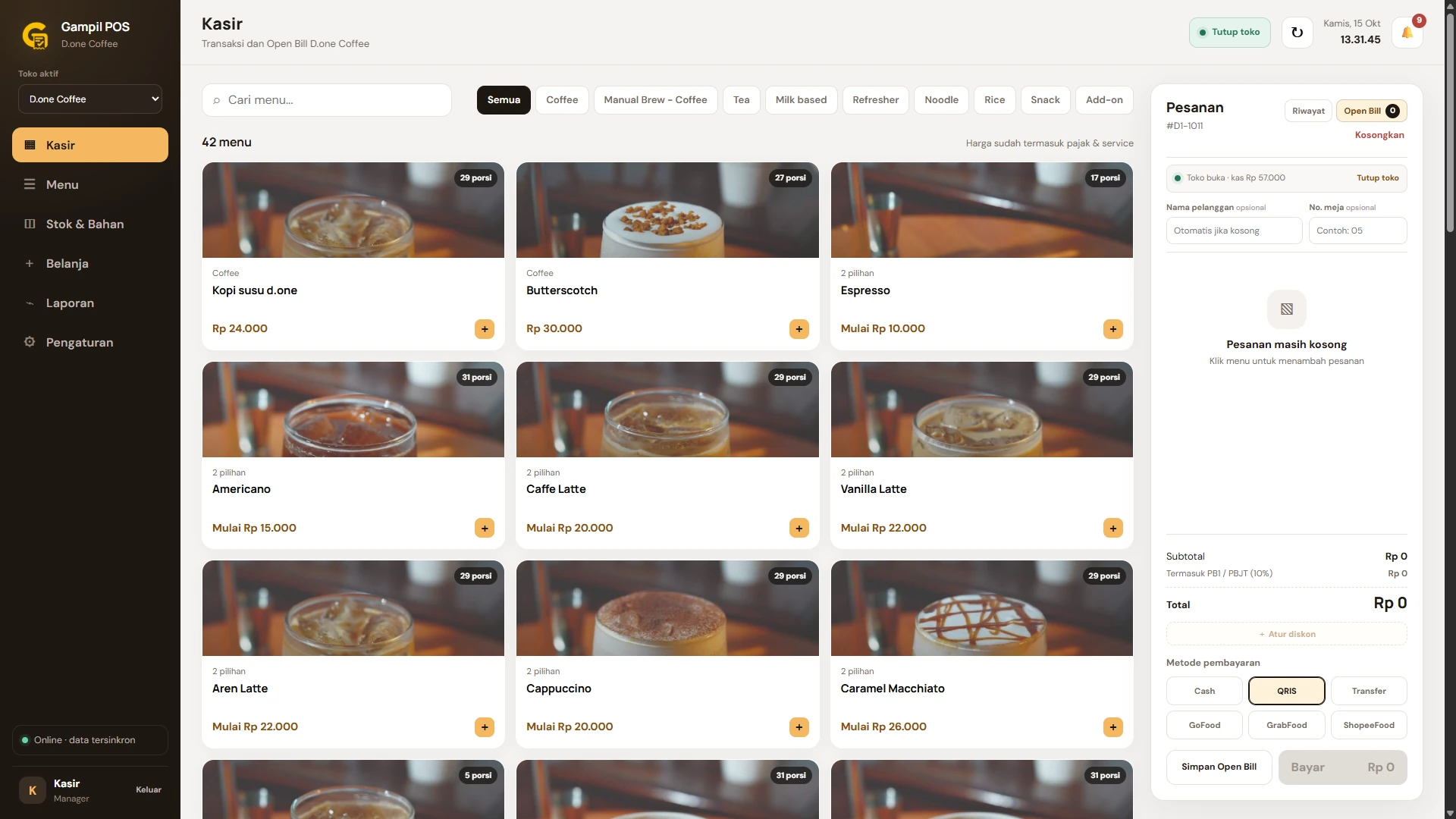 Tampilan kasir Gampil POS: pilihan menu bergambar, kategori, pesanan, Open Bill, dan metode pembayaran.